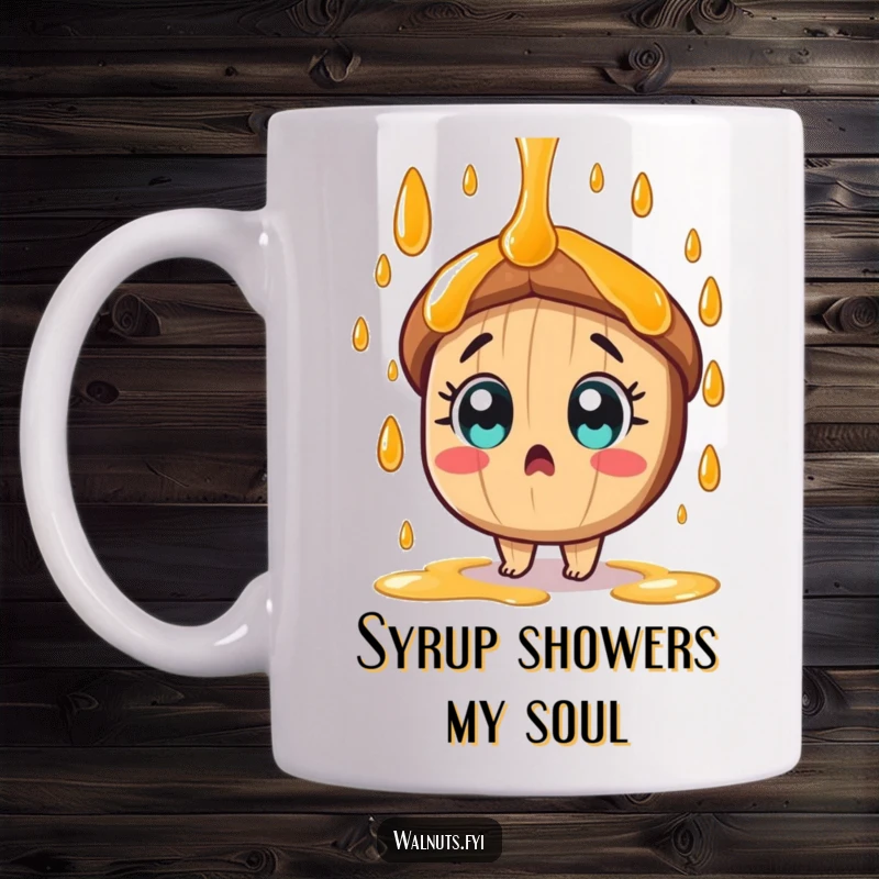 Funny tan pecan character wide-eyed, surprised by a sweet syrup cascade on this hilarious mug.