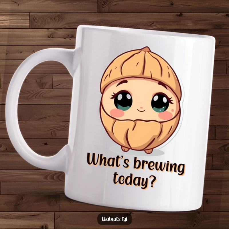 Funny mug featuring a curious walnut character tilting its shell inquisitively, with wide, wonder-filled eyes, perfect for thinkers.