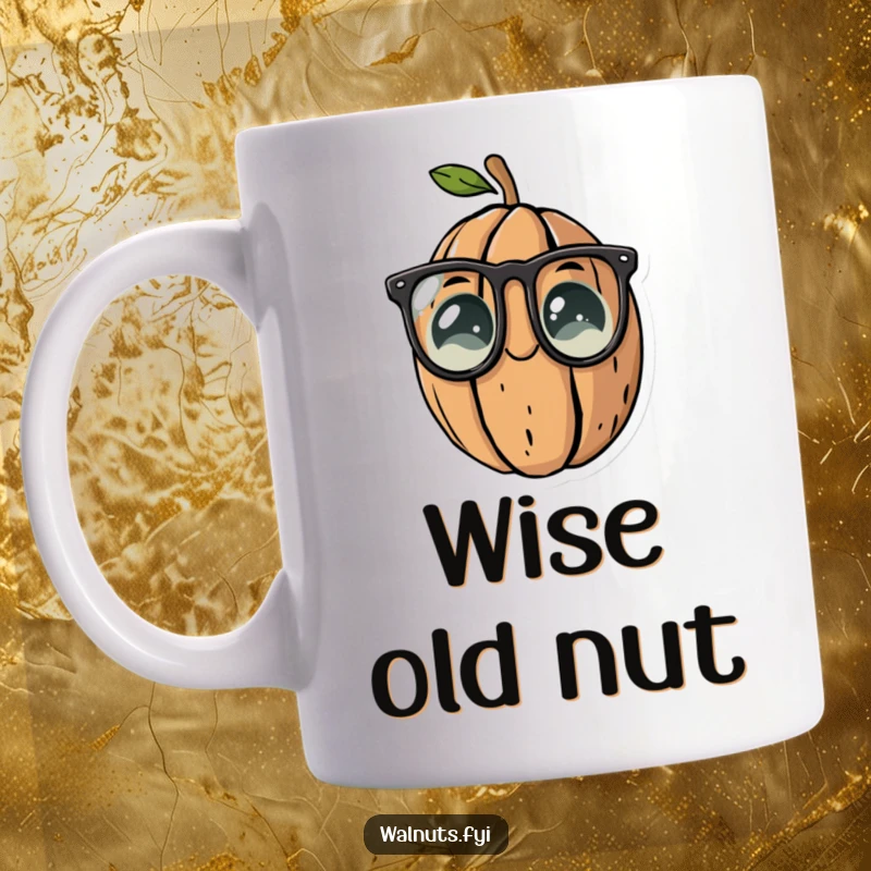 Funny mug showcasing a whimsical walnut wearing stylish reading glasses, exuding intelligence and humor.