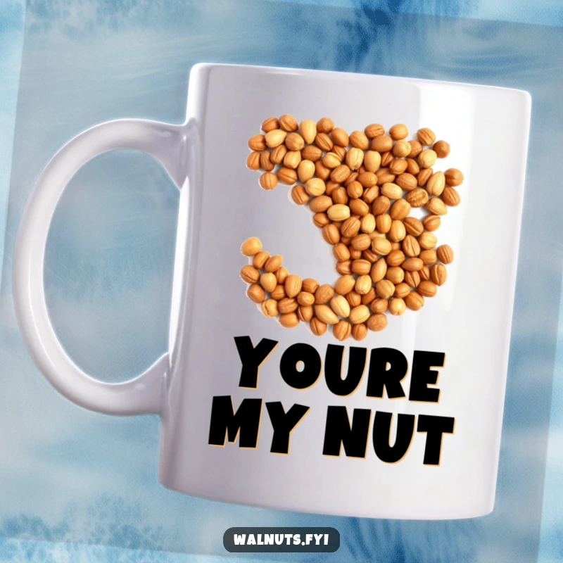 Funny mug displaying a pile of nuts artfully arranged in a heart shape, symbolizing love and humor.
