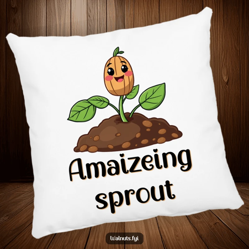 Funny pillow featuring a cute smiling walnut sprout emerging from the soil, offering comfort and joy.