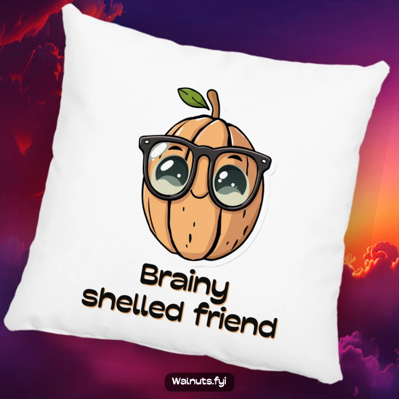 Funny pillow featuring a walnut character with reading glasses, perfect for intellectual relaxation.