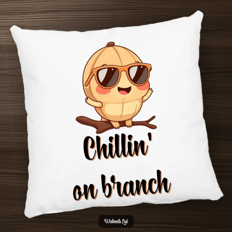Soft funny walnut sunglasses pillow depicting a cool walnut posing on a branch, perfect for comfort and style.