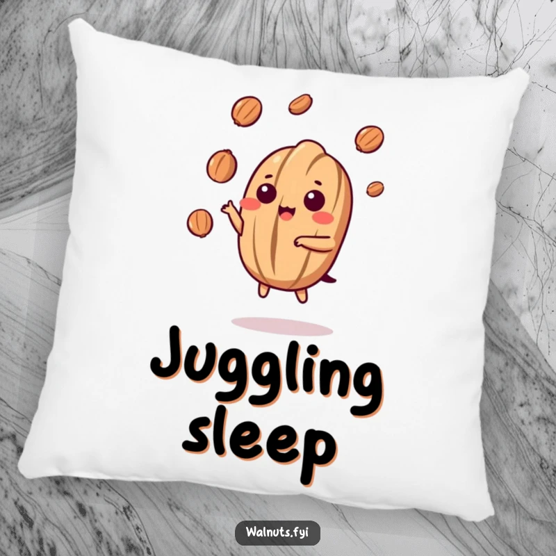 Funny Kawaii Walnut Juggling Pillow: A plush cartoon walnut is depicted juggling nut pieces with nimble grace, its focus and cheerful demeanor adding humor.