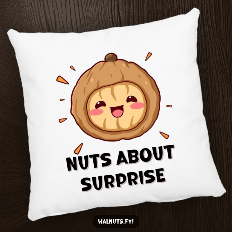 Funny Kawaii Walnut Surprise Pillow: A plush cartoon walnut is depicted cracking open, its expression a mix of shock and amusement, perfect for humor.