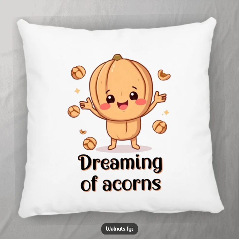 Funny happy walnut character comfortably juggling smaller walnut pieces, a soft and humorous pillow for relaxation.
