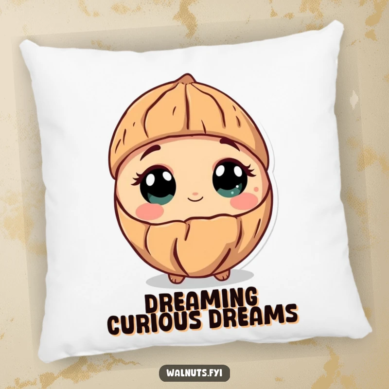 Funny pillow featuring a curious walnut character tilting its shell, its wide eyes filled with wonder and gentle inquiry.