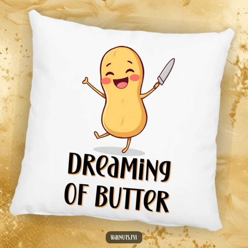 Funny pillow showcasing a joyful peanut dancing with a butter knife, providing cozy comfort and nutty happiness.