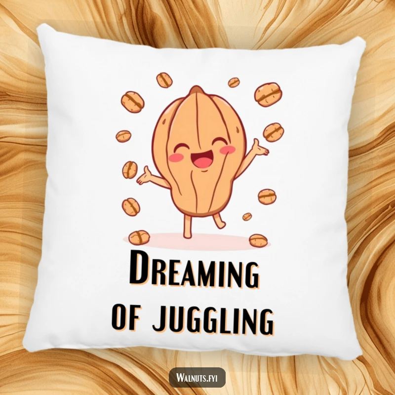 Funny decorative pillow with a joyful walnut character playfully juggling smaller walnut pieces, adding charm.