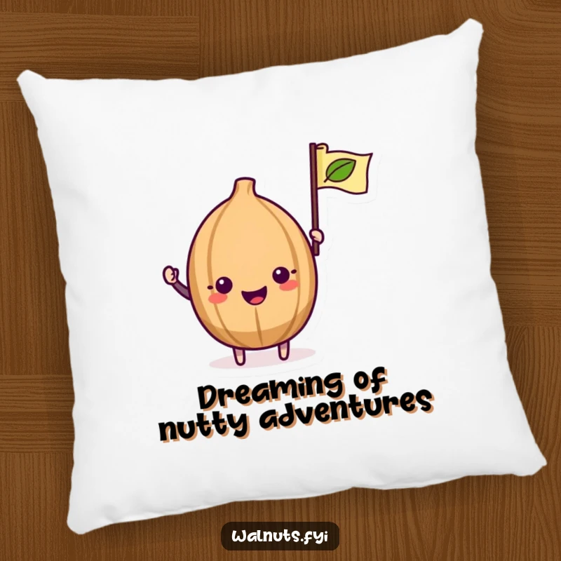 Funny Kawaii Walnut Pillow: A soft pillow featuring a cute walnut excitedly waving a tiny leaf flag with a cheerful expression.