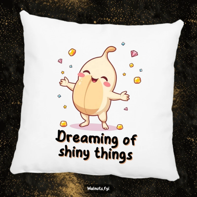 Funny pillow featuring a macadamia nut joyfully juggling gemstones, offering plush comfort and a visually dazzling, humorous accent.