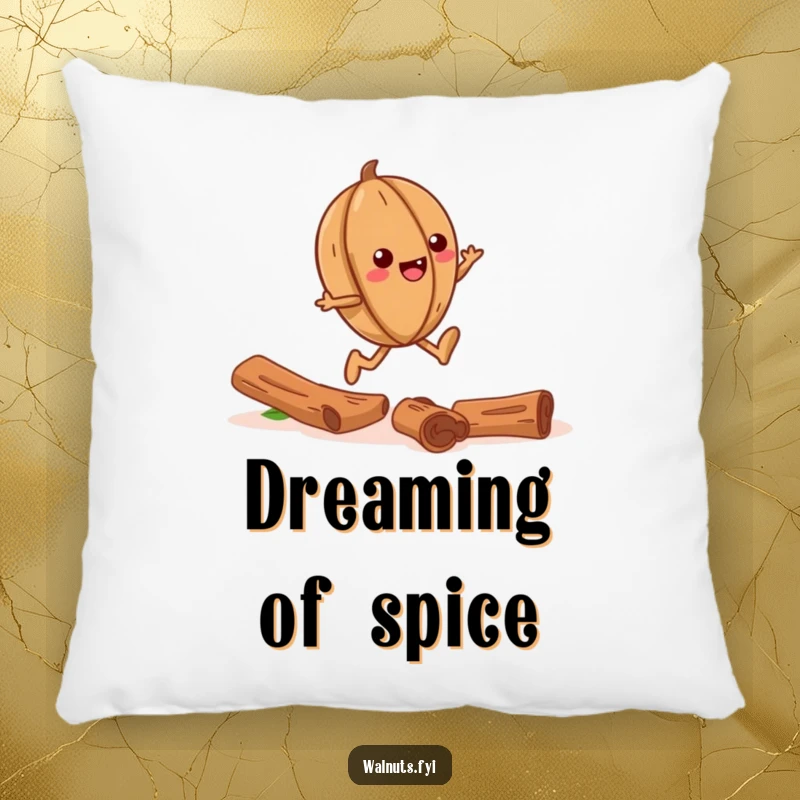 Funny pillow design featuring a giggling walnut skipping joyfully along a whimsical trail of cinnamon sticks.