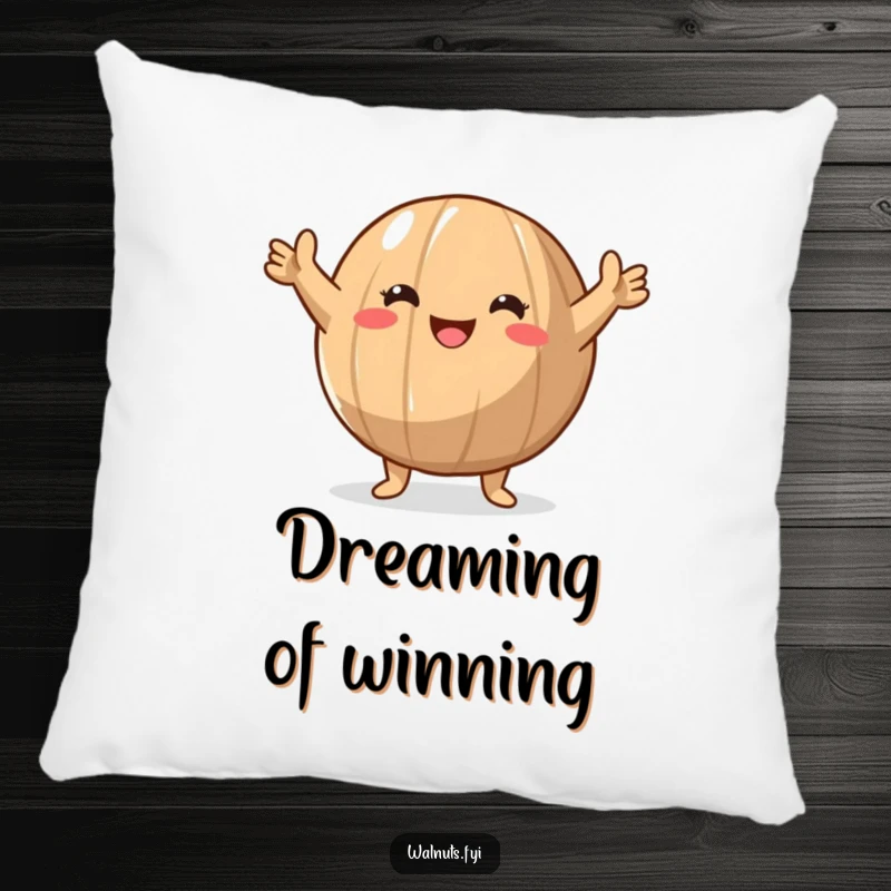 Funny Walnut Victory Pillow showcasing a round walnut character with arms raised in a triumphant gesture, combining comfort with winning spirit.