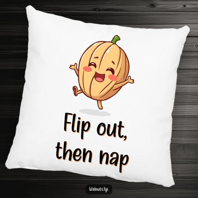 Funny pillow with a cheerful walnut character doing a happy flip, soft and humorous home decor.