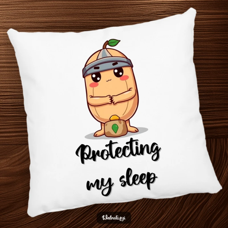 A determined, round Brazil nut character with crossed arms guards a small treasure on this cozy pillow.