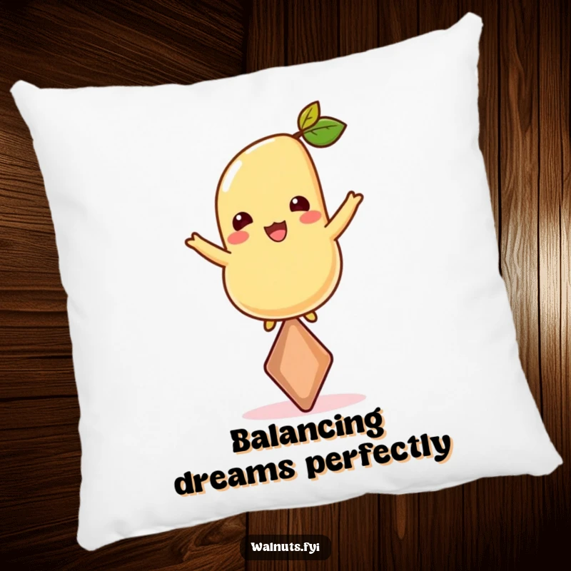 Funny pillow featuring a content cashew perfectly balanced on its tip, providing soft comfort and a humorous, eye-catching design.