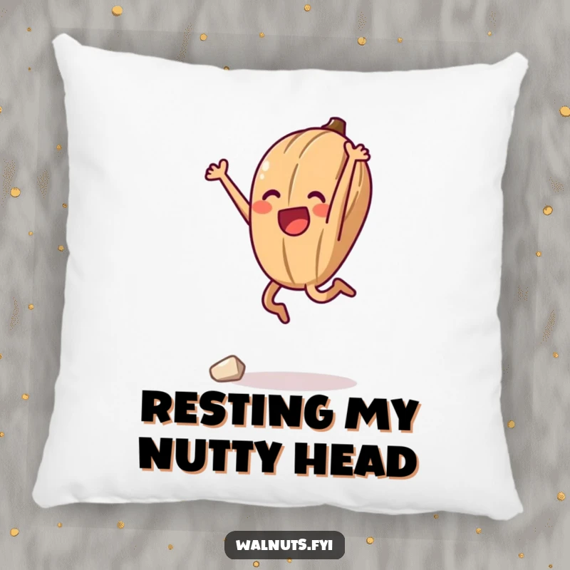 Funny pillow featuring a happy anthropomorphic walnut in a triumphant jump, celebrating a successful climb with plush comfort.