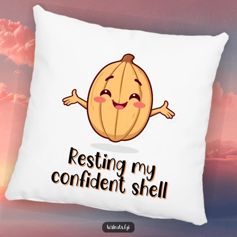 Funny throw pillow with a smiling walnut character striking a confident pose, adding a touch of humor.