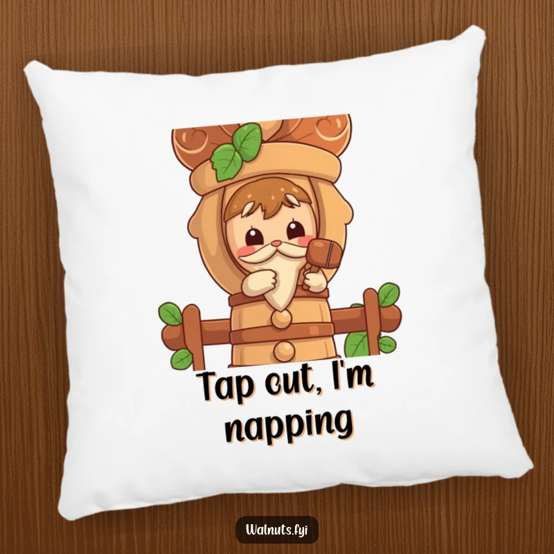 Funny pillow featuring a curious walnut character tapping a large nutcracker with a tiny mallet.