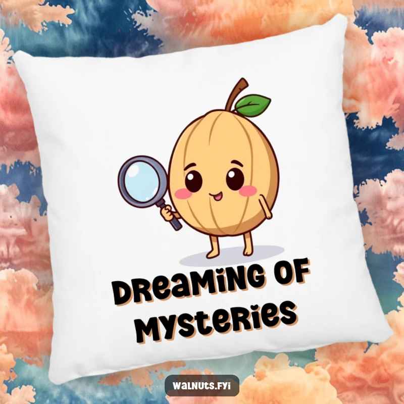 Funny pillow featuring a curious walnut character holding a magnifying glass, adding a touch of whimsical investigation to decor.