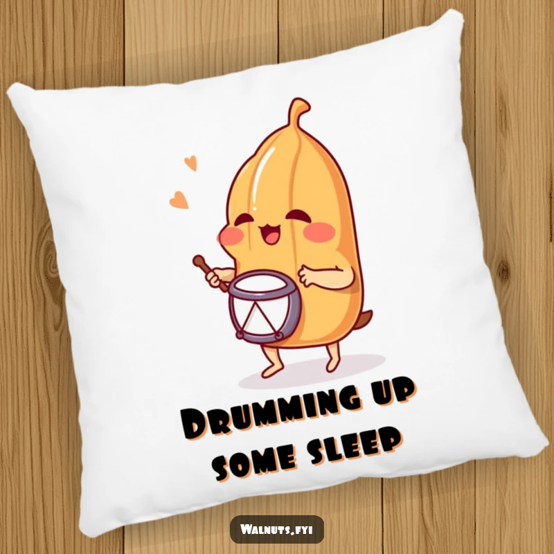Funny pillow featuring a happy pecan drumming with all its might, offering a comfortable and humorous addition to any seating area.