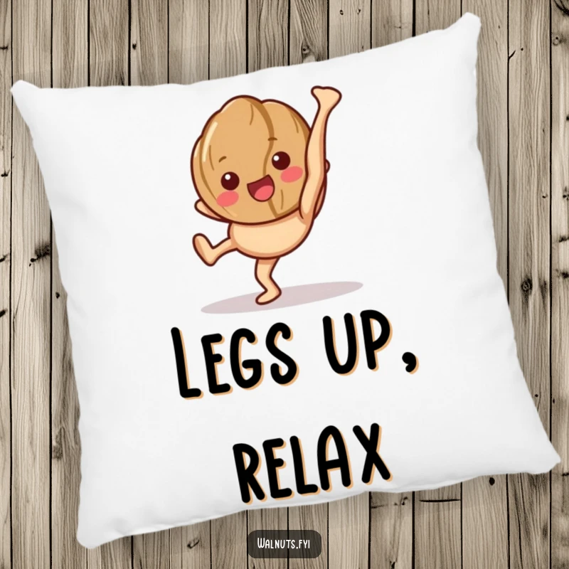 Funny pillow featuring a happy walnut character performing a cartwheel and showing its legs.
