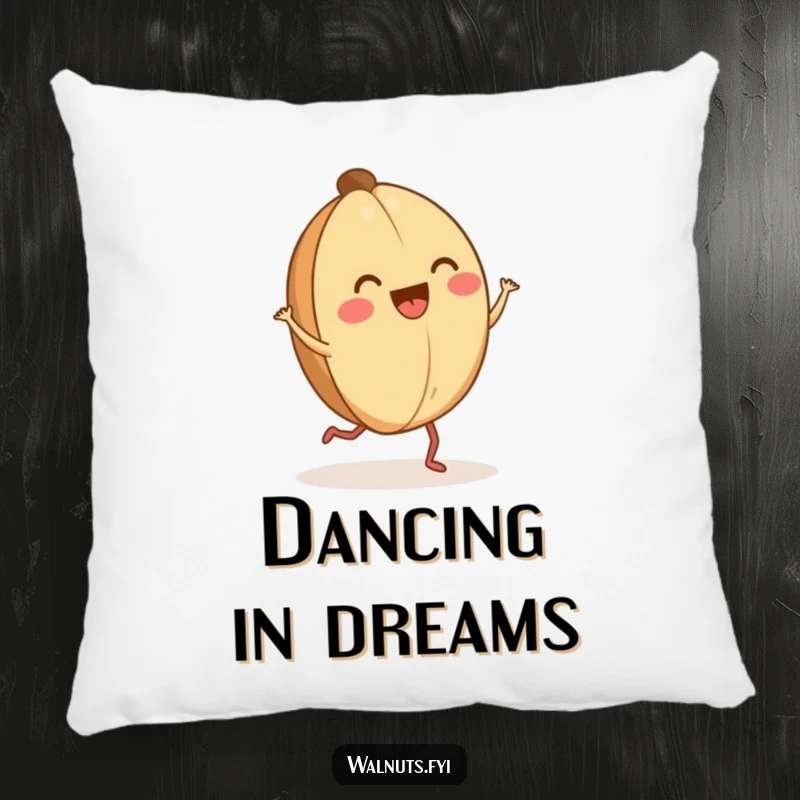 Funny happy walnut jig pillow showing a dancing walnut with tiny legs, a soft and humorous accent.