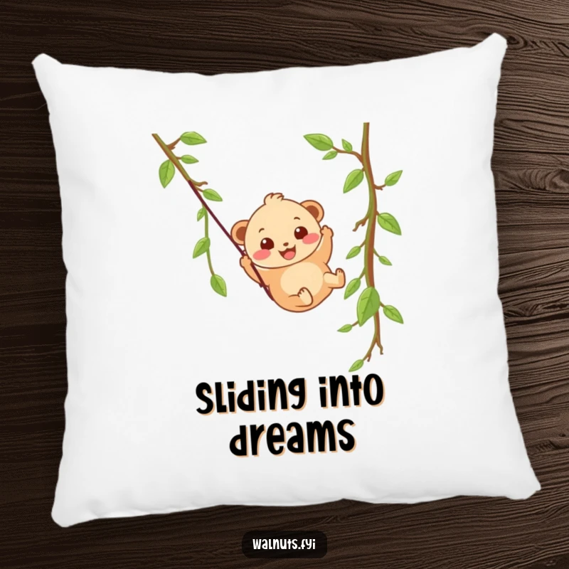A wobbly beige hazelnut character with a happy grin slides down a vine zipline on this cozy pillow.