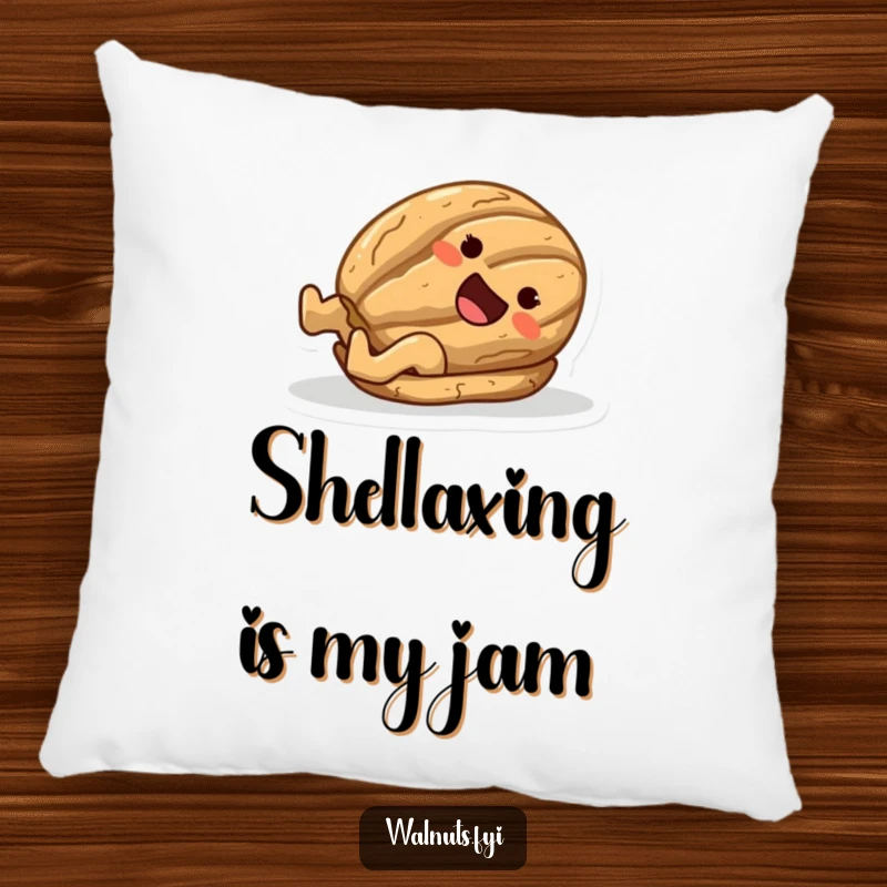 Funny pillow featuring a joyful walnut character in mid-slide down a smooth surface using its shell.