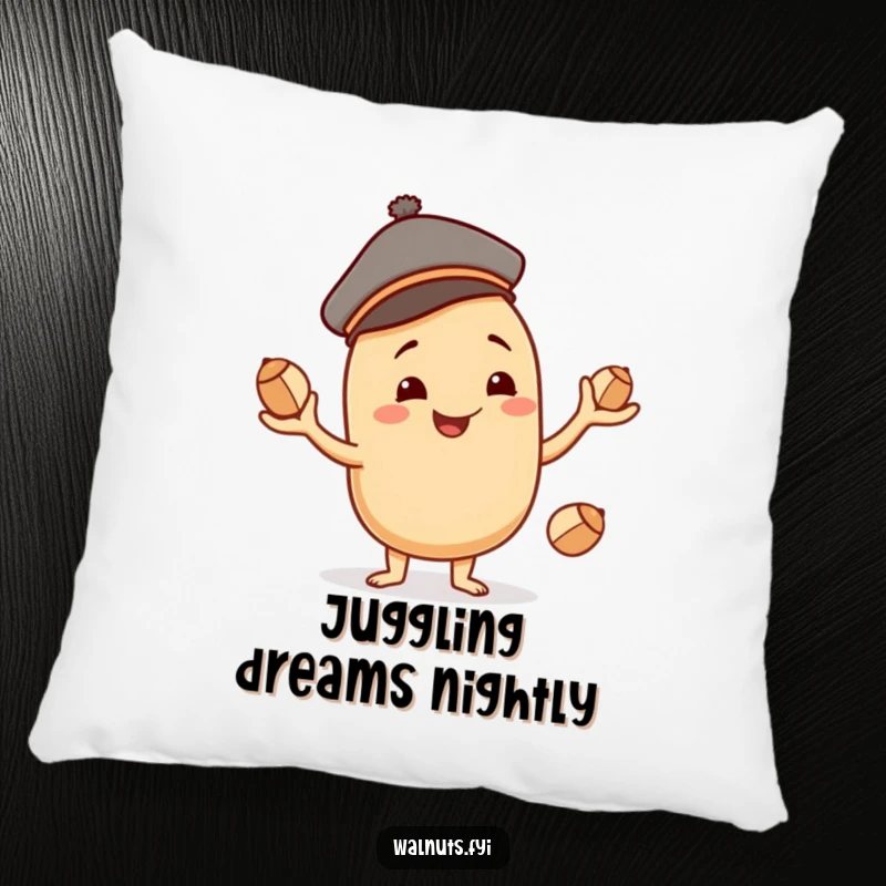 Funny beige cashew character with a jaunty cap, smiling and juggling nuts, offering soft, playful comfort.