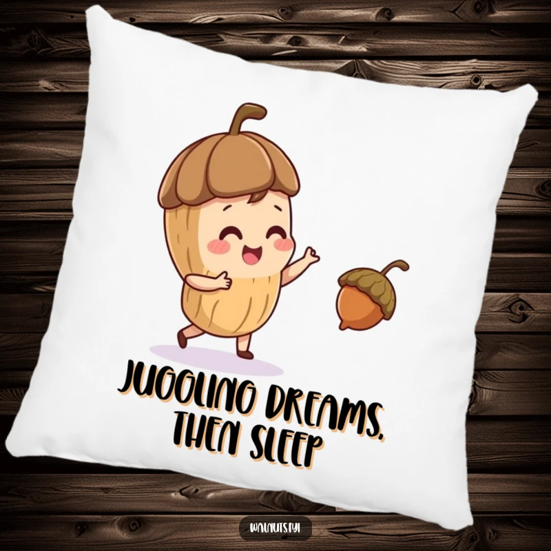 Funny pillow with a playful walnut character juggling a small acorn, soft and humorous home decor.
