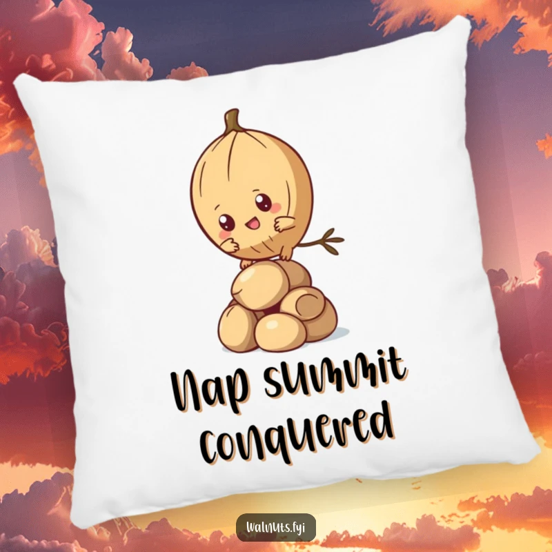 Funny Kawaii Pine Nut Pillow with a determined character climbing nuts, offering soft, humorous support. Ideal funny gift.