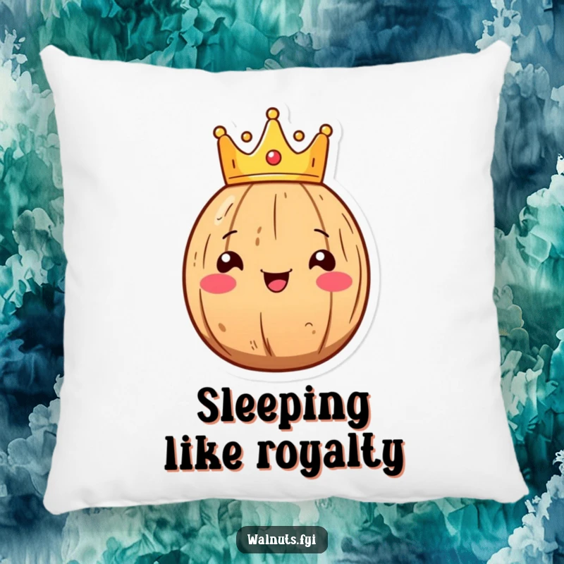 Funny Kawaii walnut pillow depicting a smiling walnut character wearing a tiny crown, for cozy comfort.
