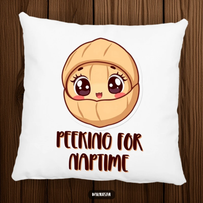 Funny pillow with a cute walnut character peeking out from its shell with wide, excited eyes.