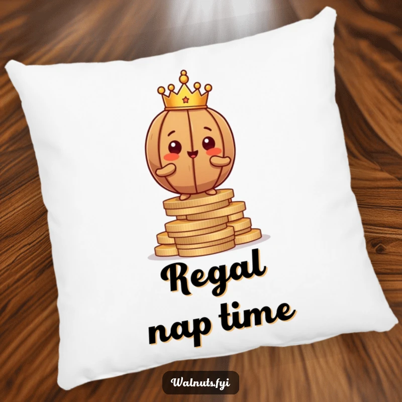 Funny brown walnut character with a tiny crown, sitting proudly on coins, offering soft, regal comfort.