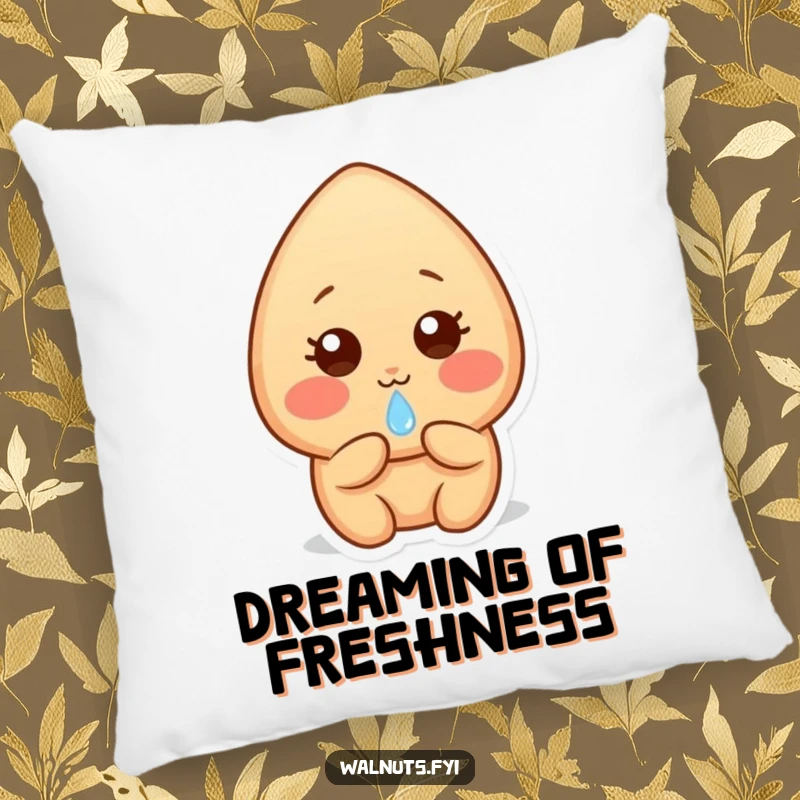 Funny light brown almond character with rosy cheeks, shyly offering a dewdrop, providing soft and gentle comfort.