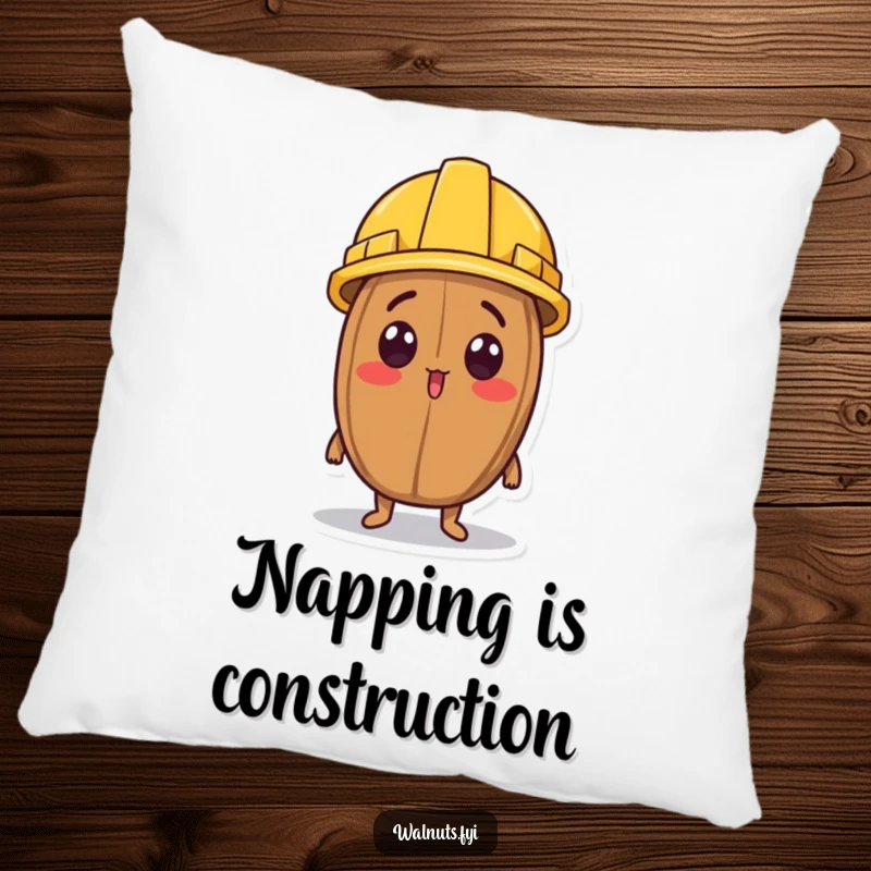 Funny pillow with a surprised walnut character sporting a tiny construction helmet while looking up.