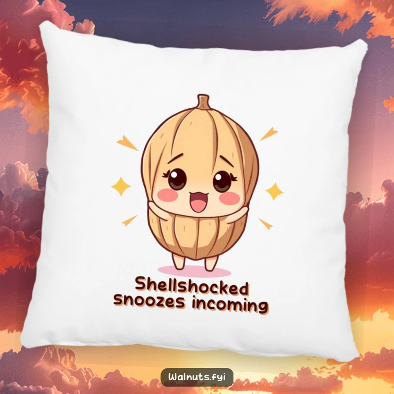 Funny pillow with a surprised walnut recoiling from a pop, providing comfort and a hilarious design for sofas and beds.