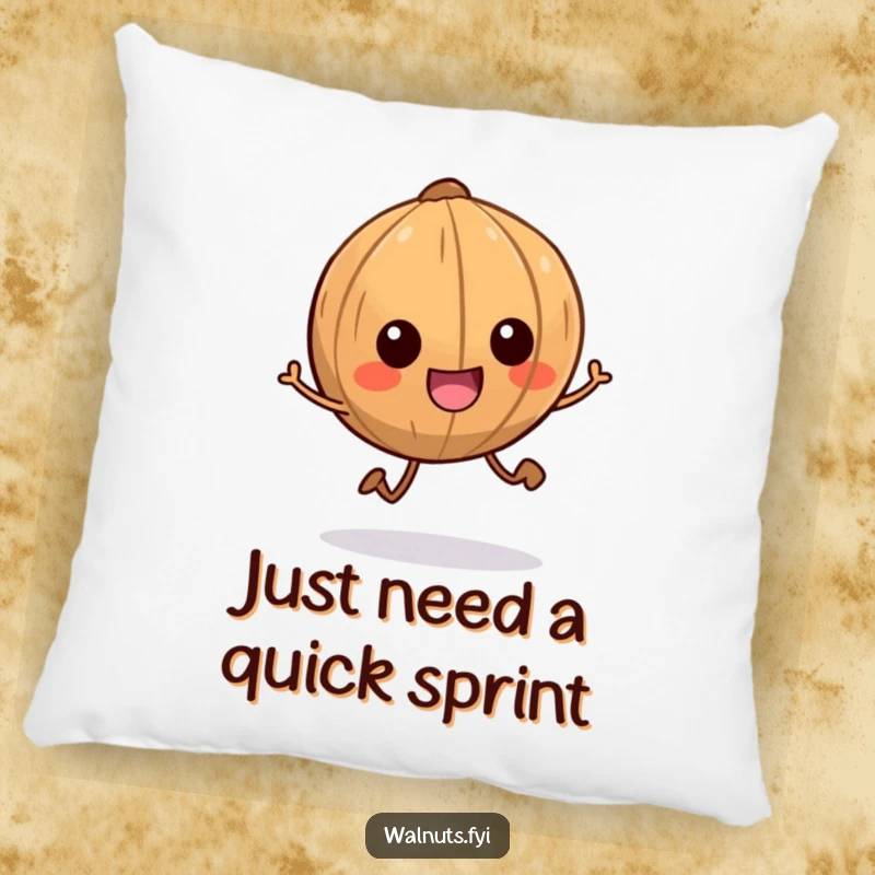 Funny pillow with a smiling walnut character with tiny legs scampering energetically, soft and humorous home decor.