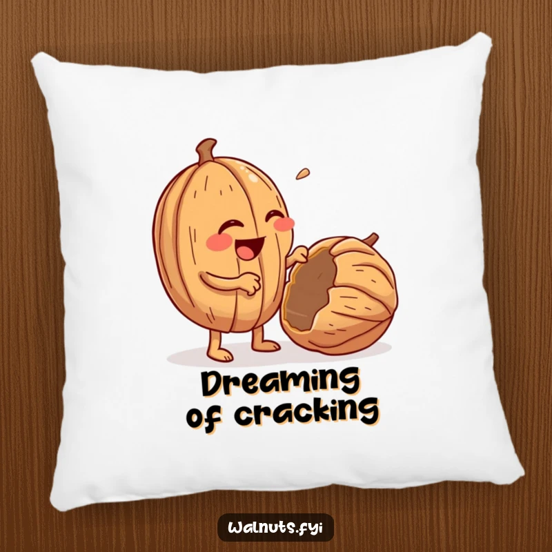 Funny decorative pillow with a giggling, anthropomorphic walnut character enthusiastically cracking open a walnut.