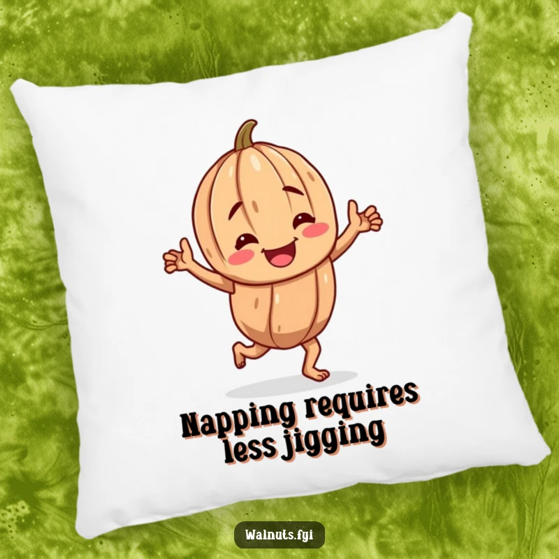 Funny decorative pillow with a cheerful, gnarled walnut character performing a happy jig, adding humor to any room.