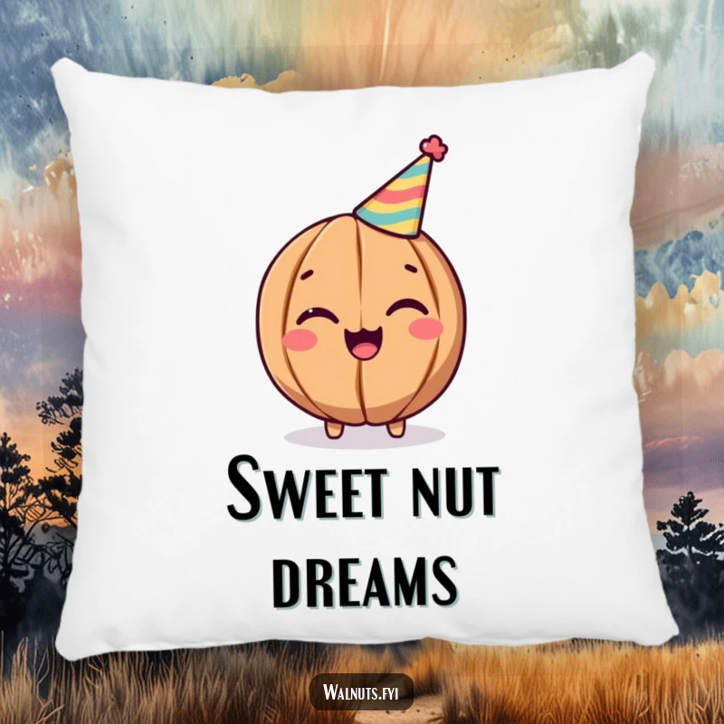 Funny Walnut Pillow: Cheerful winking walnut in a party hat, adding comfort and laughs, perfect funny gift.
