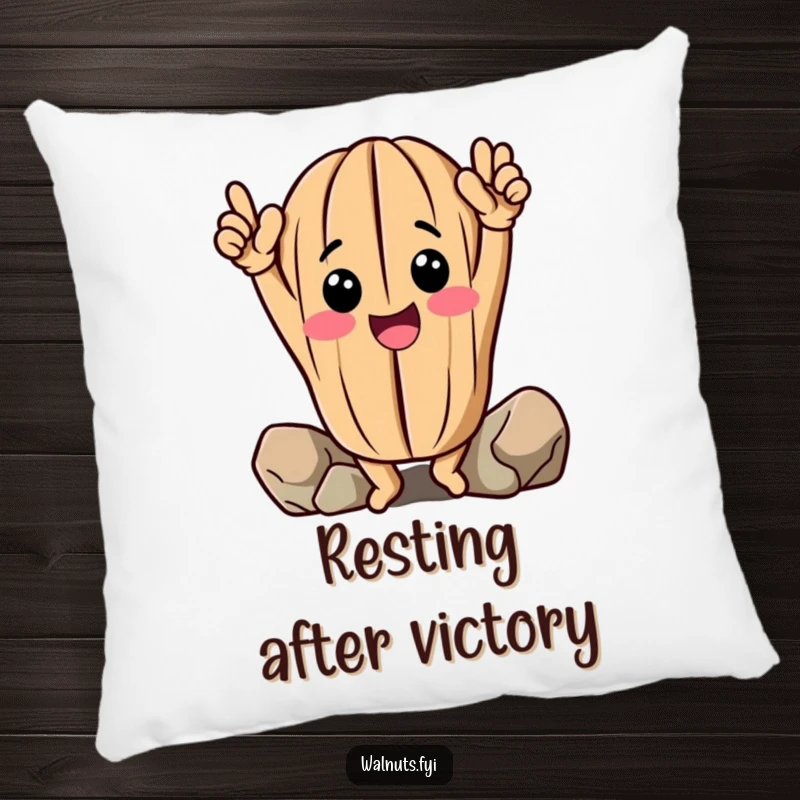 Funny Walnut Pillow: Cheerful anthropomorphic walnut celebrates climbing, soft and humorous cushion.