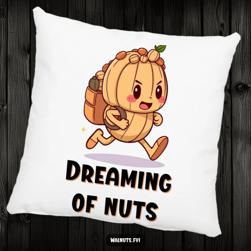 Funny pillow featuring a determined walnut character mid-sprint with a nut-filled backpack, perfect for cozy, humorous decor.