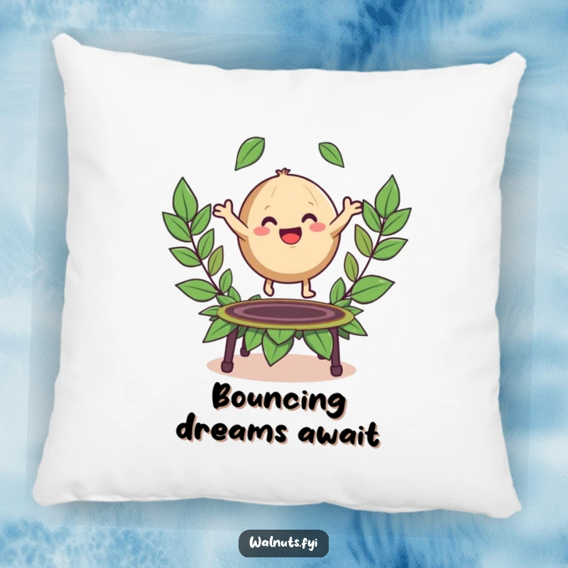 Funny decorative pillow with a happy, round walnut character bouncing playfully on a trampoline made of leaves.