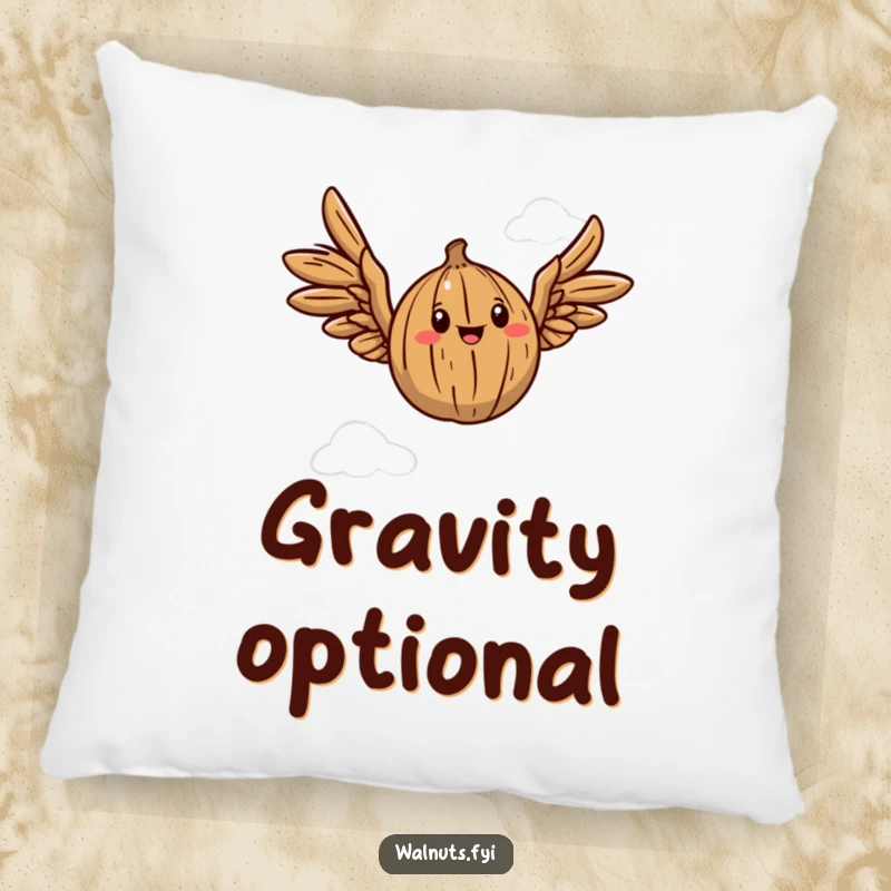 Funny pillow featuring a walnut with cute wings happily flying in the sky, adding comfort and charm.