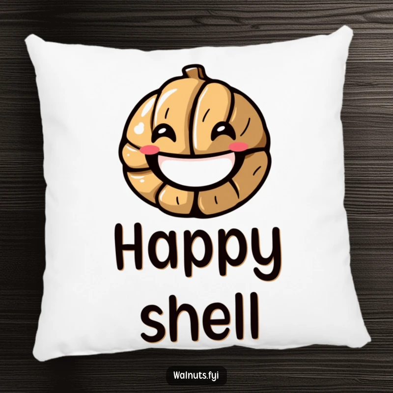 Funny pillow featuring a stylized walnut cracking open into a wide smile, offering plush comfort and cheerful vibes, an ideal funny gift.