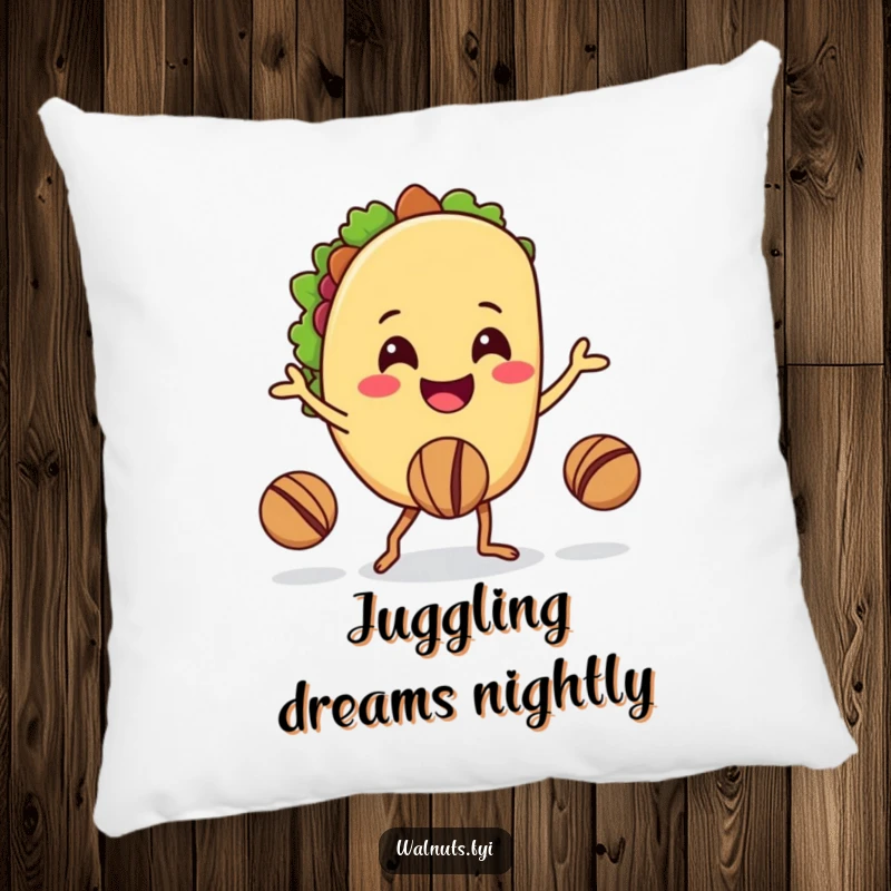 Funny decorative pillow with a happy taco juggling walnuts using its legs, ideal for cozy settings.