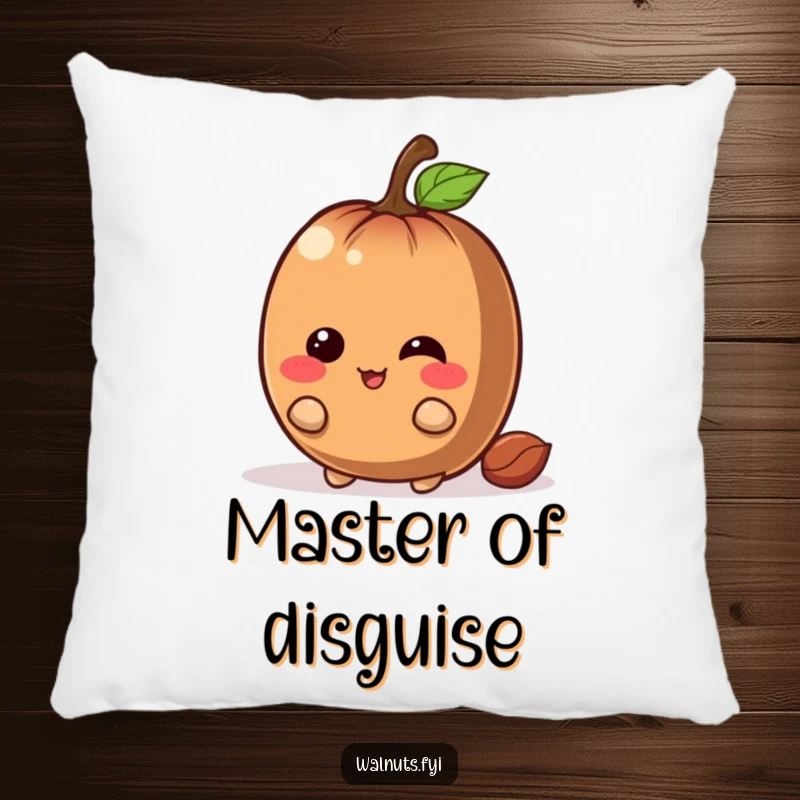 Funny chestnut pillow with a giggling brown character peeking with a mischievous grin from behind a big nut, soft and humorous.