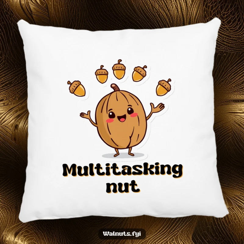 Funny Pillow featuring a stylized walnut character juggling three colorful acorns, offering soft comfort and a playful visual.
